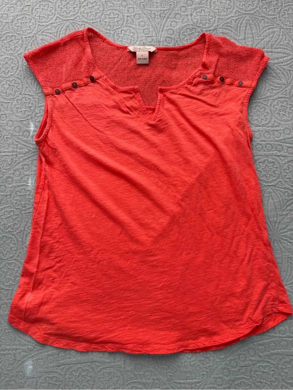 Lucky Brand Coral-Red Knit Cap-Sleeve Split-Neck Top